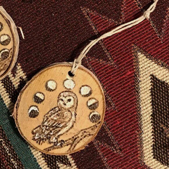 2" Witchy Woodburned Wooden Barn Owl & Moon Phases Birch Wood Ornament - Picture 1 of 3